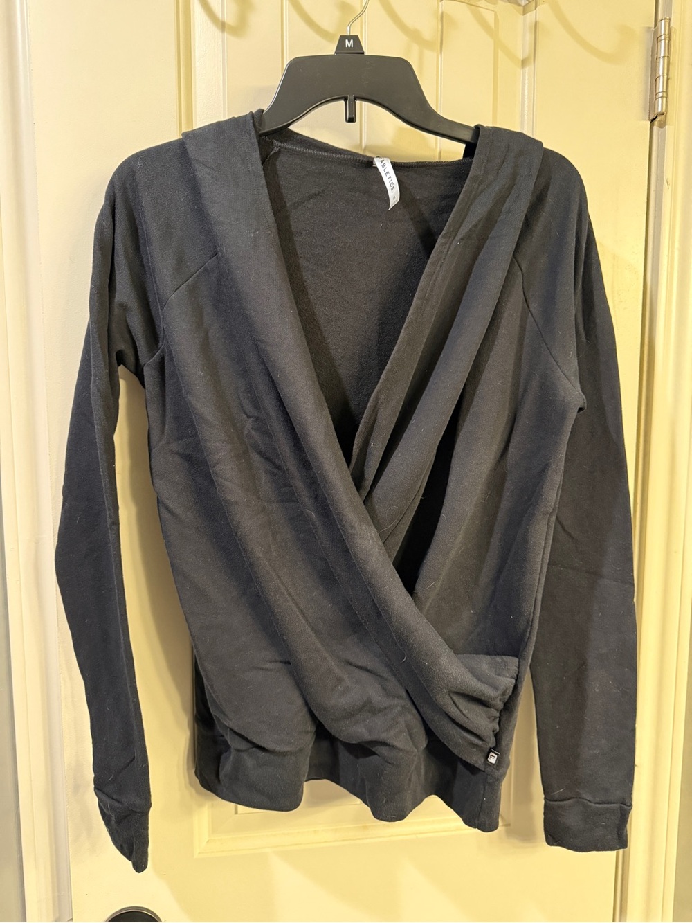 Black Draped Cross-Front Long Sleeve Top with Hood